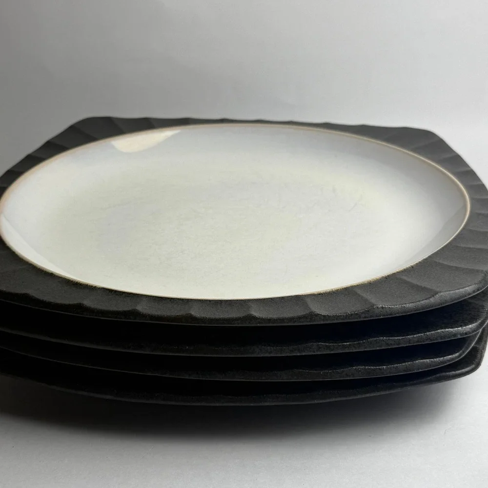 Sango Contrast Charcoal 4705 Dinner Plates Set of 4 Square Scalloped Stoneware‎